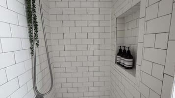 Regadera, secadora de cabello, toallas, shampoo