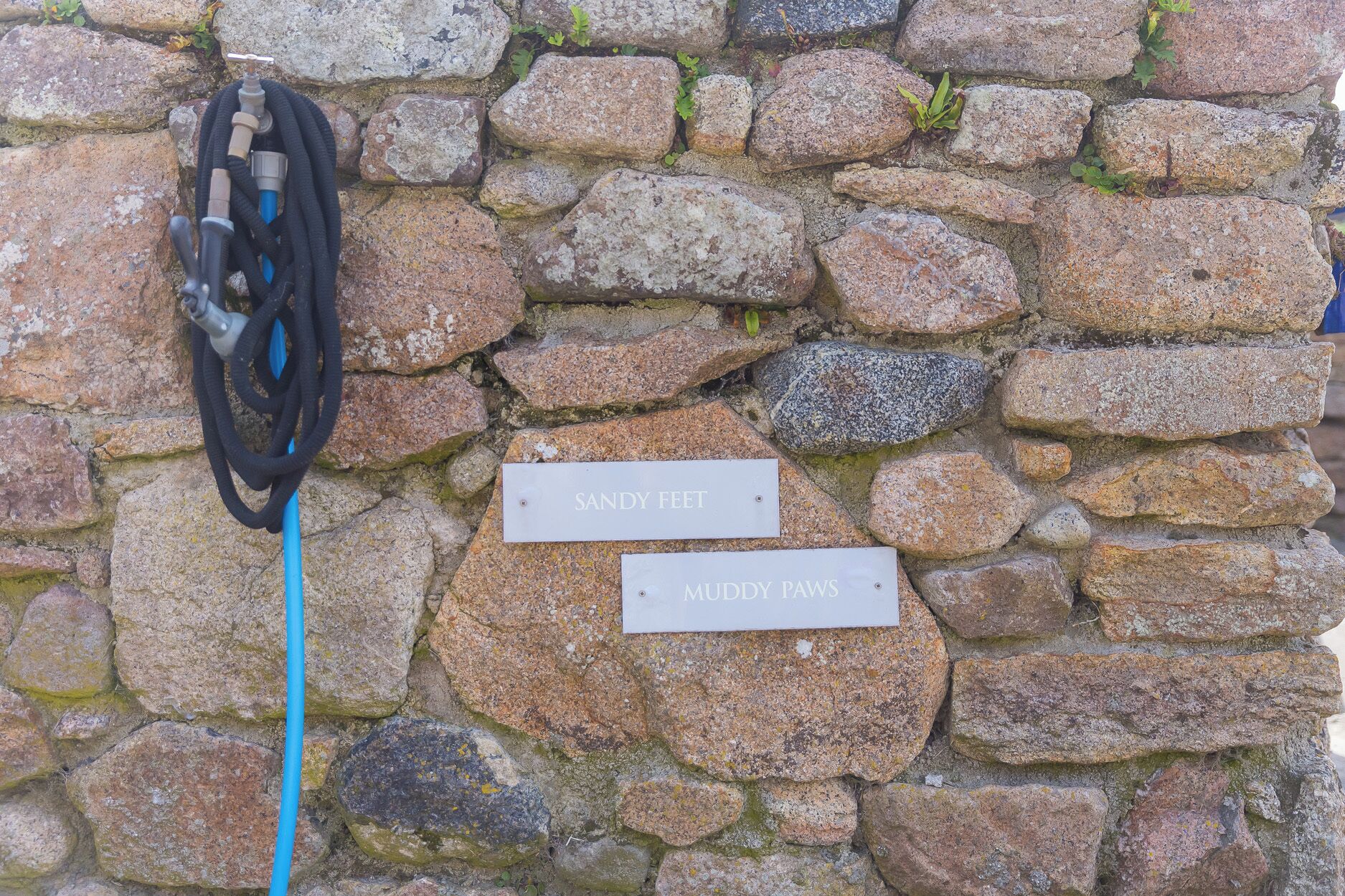 A stone wall with two signs reading 'SANDY FEET' and 'MUDDY PAWS.'