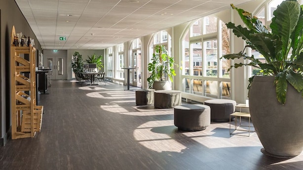 A spacious indoor area with large windows, potted plants, and a wooden display rack. - A Serene Dutch Getaway with Monastic Charm and Natural Surroundings! (Deurne)