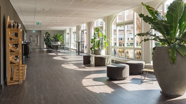 A spacious indoor area with large windows, potted plants, and a wooden display rack. - Stay in the Heart of Nature With Comfort All Around! Onsite Dining, Free Parking (Deurne)