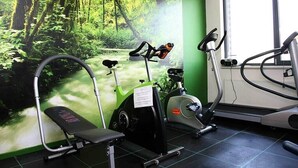 A gym with stationary bikes, a treadmill, and a bench.