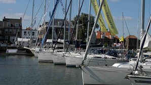 Un port de plaisance où sont amarrés de nombreux yachts, dont certains arborent des drapeaux, avec des bâtiments en arrière-plan.