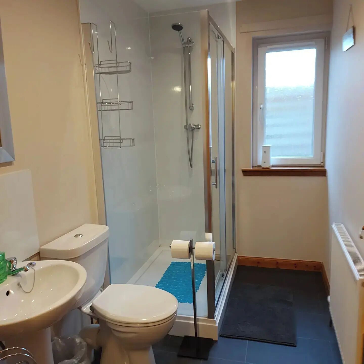 Shower, hair dryer, towels, toilet paper