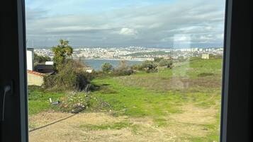 Vista desde una ventana a un paisaje urbano con edificios, una masa de agua y un área verde.