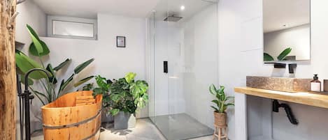 Douche, séchoir à cheveux, serviettes fournies