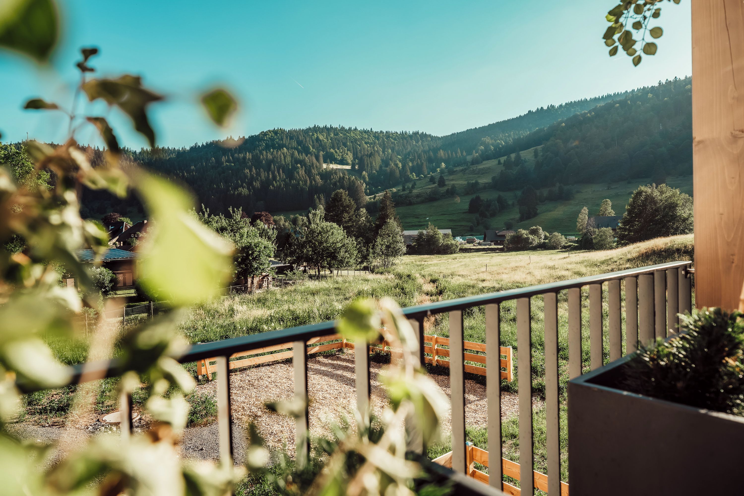Een balkon met uitzicht over een groen landschap, met bomen en heuvels.