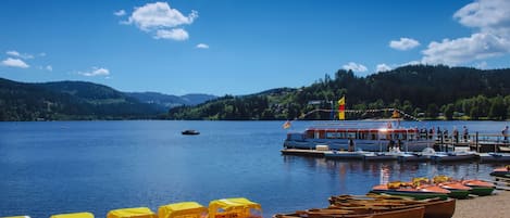 Un cadre idyllique au bord du lac, avec des bateaux et un quai.