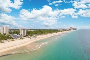 A coastal view with a beach, buildings, and clear skies. - The Purple Pelican~Beachfront w/ Ocean Balcony~#5 (Fort Lauderdale)