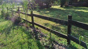 Une zone herbeuse entourée d’une clôture en bois, avec des arbres et un bâtiment doté d’un toit en tuiles.
