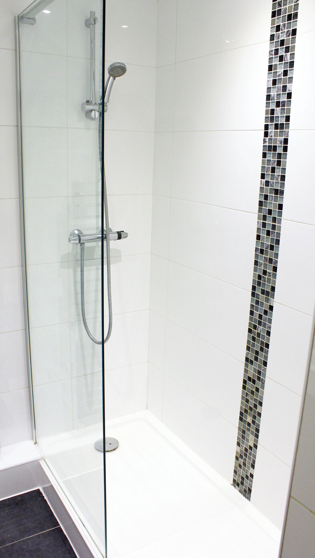 Shower, hair dryer, towels, toilet paper