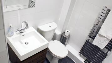 Shower, hair dryer, towels, toilet paper