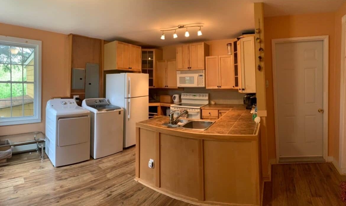 Fridge, microwave, toaster, cookware/dishes/utensils