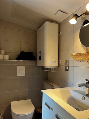 Shower, towels, toilet paper