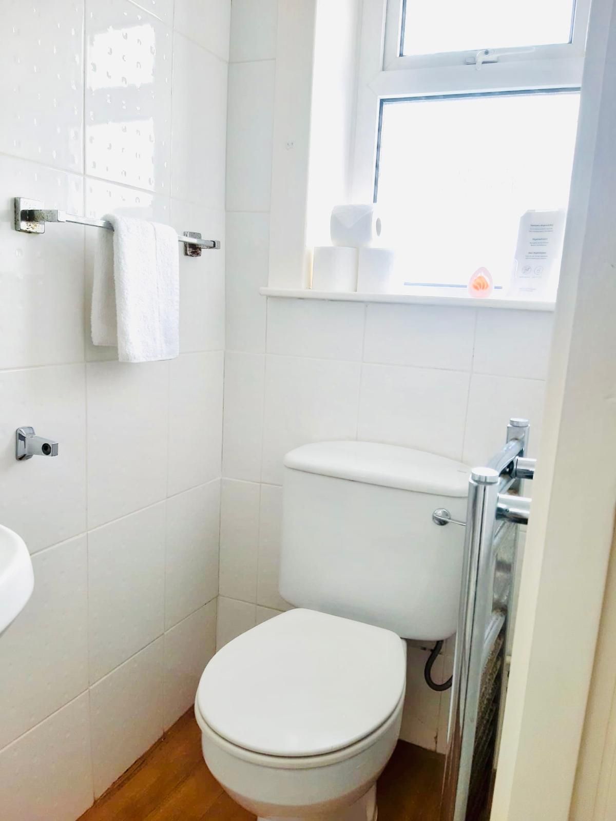 A small, clean bathroom with a toilet, a sink, and a window.