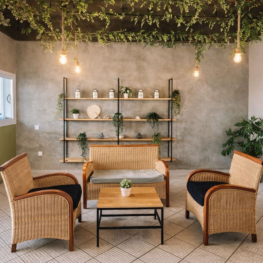 Una habitación con muebles de mimbre, una mesa central y estantes con plantas y adornos.