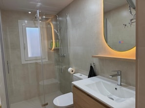 Shower, hair dryer, towels