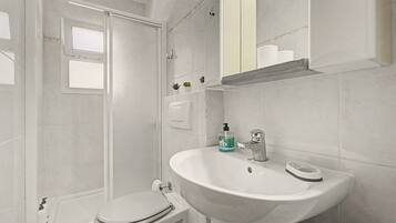 Une salle de bain avec des toilettes, un lavabo et une douche.