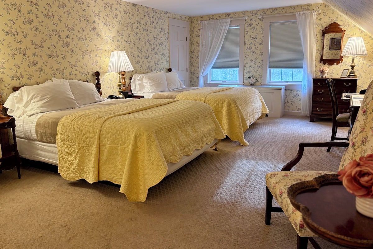 A bedroom with two beds, a dresser, a chair, and a window with curtains.