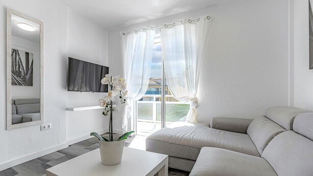 Een moderne woonkamer met een bank, een flatscreen-tv, een potplant en een groot raam met gordijnen.