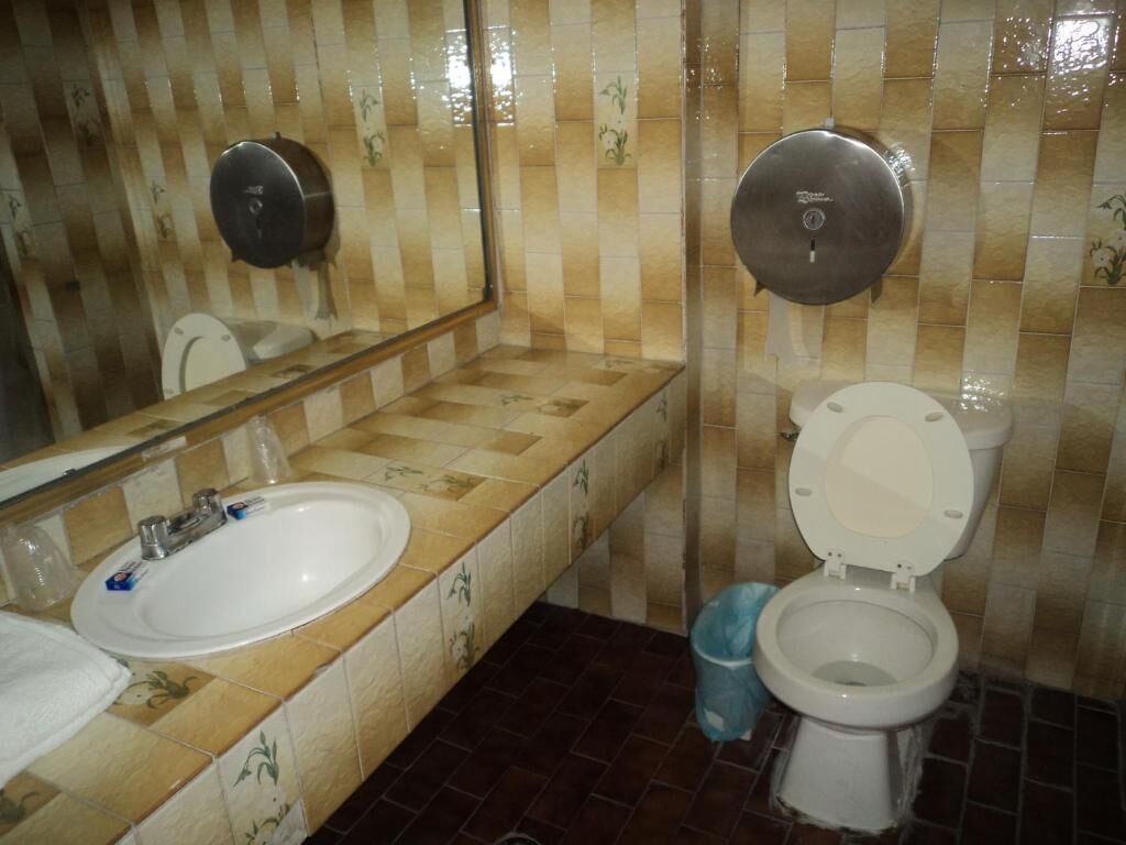 Un bany amb un lavabo, vàter i assecador de mans.