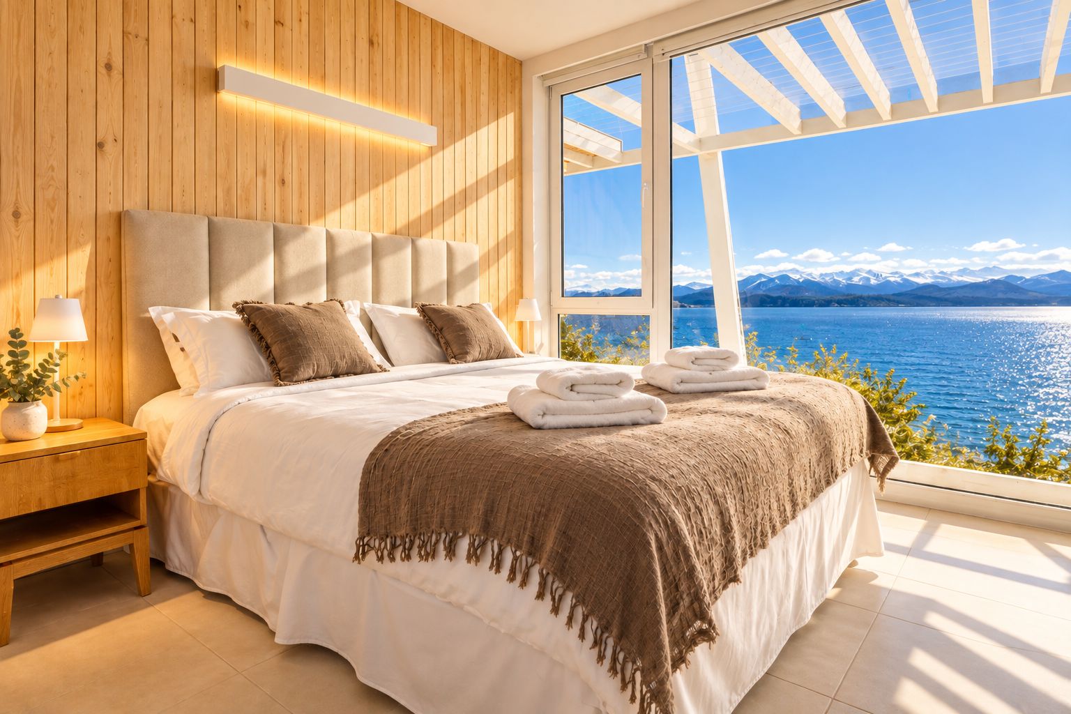 Een slaapkamer met een groot bed, nachtkastje, lamp en uitzicht op een meer en bergen.