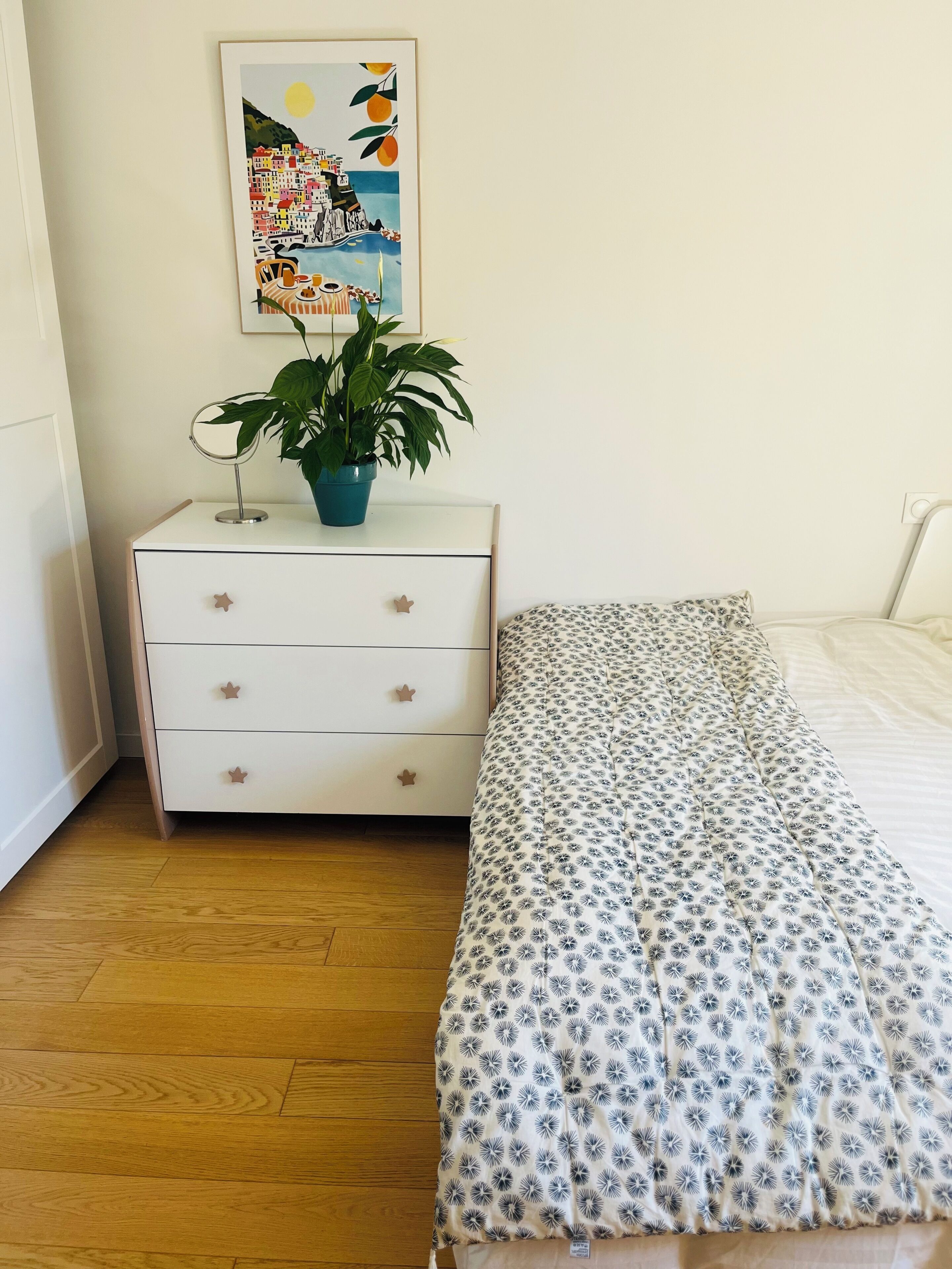 Ein Schlafzimmer mit einem Bett, einer Kommode mit Schubladen, einer Topfpflanze und einem gerahmten Bild an der Wand.