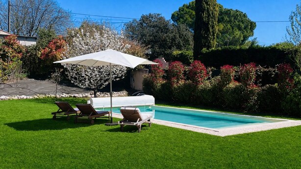 Un jardin avec une piscine, deux chaises longues, un parasol et un grand arbre.