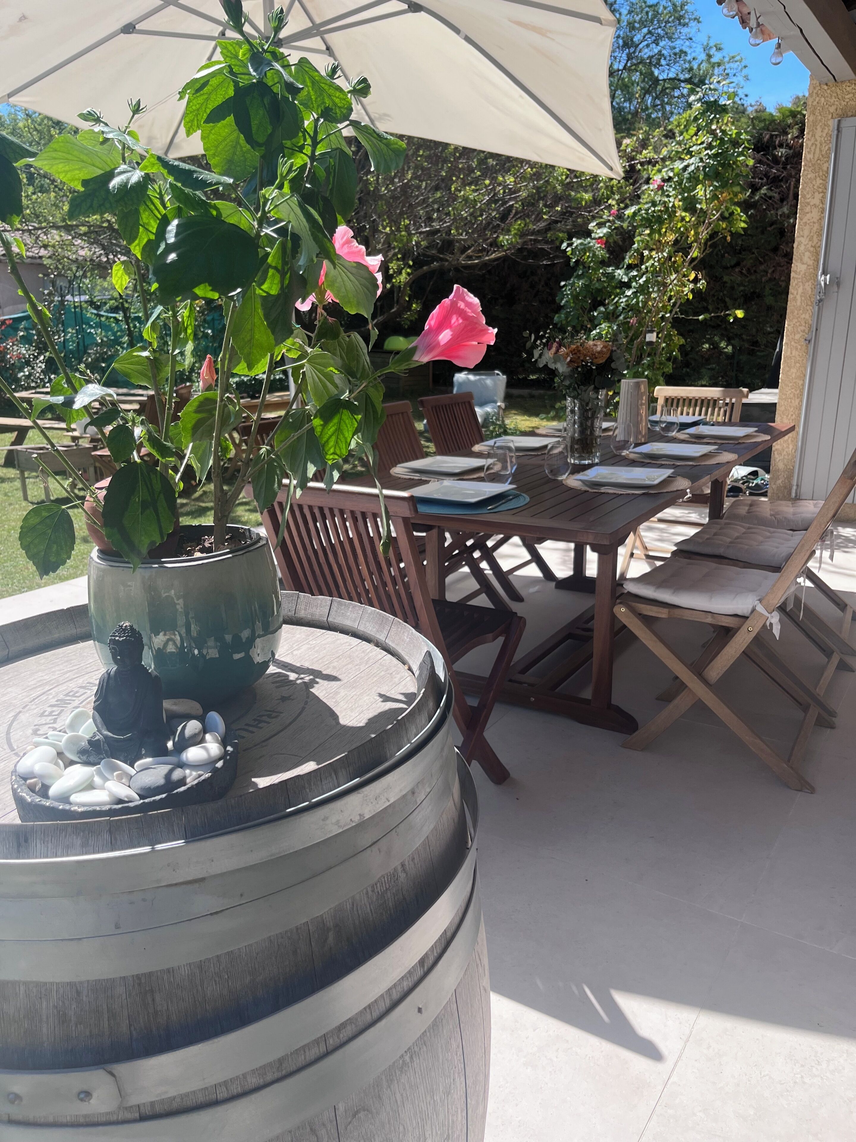 An outdoor dining area with a round table, chairs, and a potted plant with pink flowers.