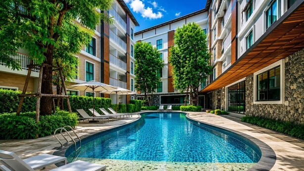 A swimming pool with lounge chairs and umbrellas, surrounded by greenery and modern buildings. - Cozy 1br in Rawai Quiet Area balcony&fast wi-fi (Rawai)