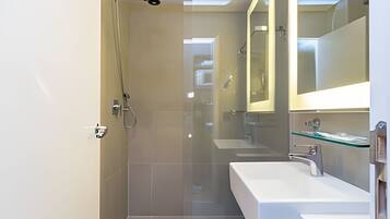 A modern bathroom with a glass shower enclosure, a white sink, and a mirror above the sink.