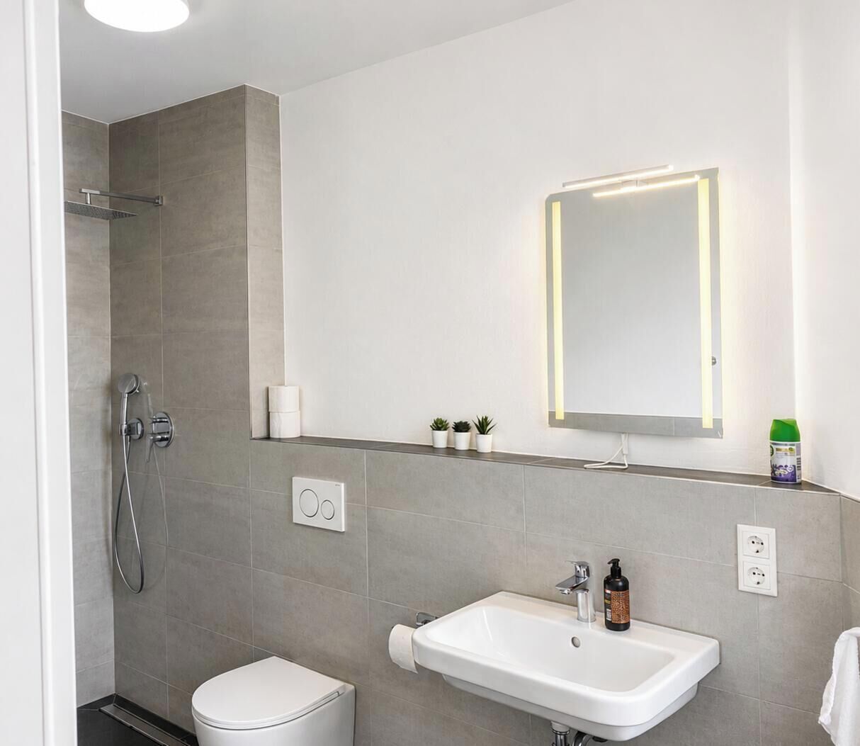 Douche, sèche-cheveux, serviettes fournies, savon