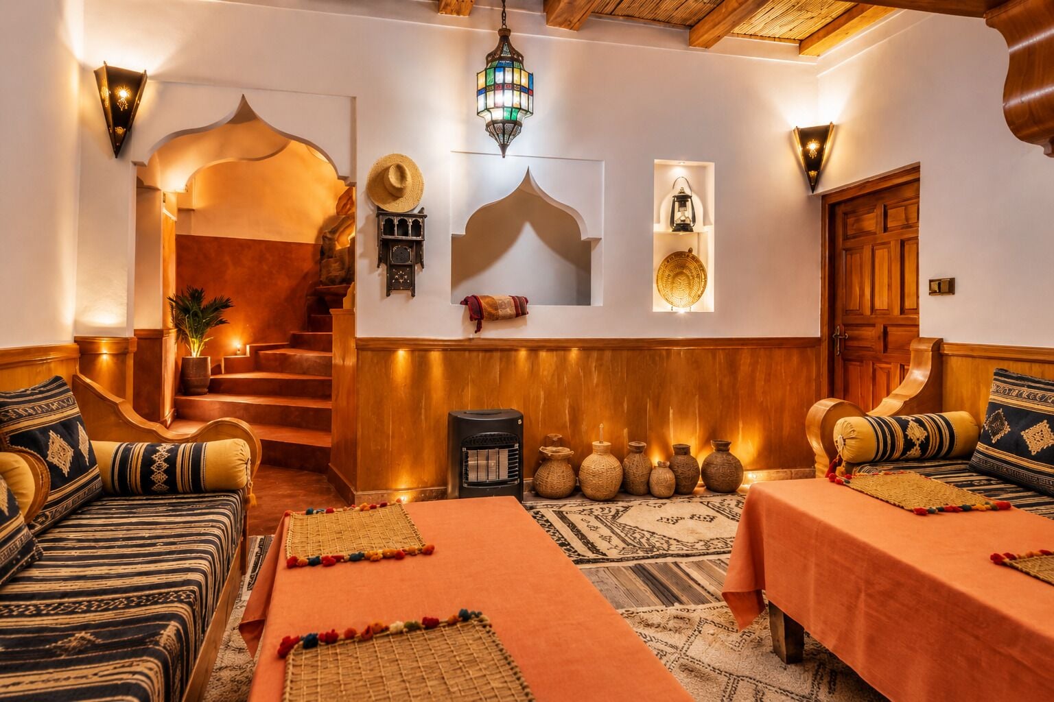 A traditional Moroccan interior with a staircase, patterned sofas, a central rug, and decorative wall sconces.