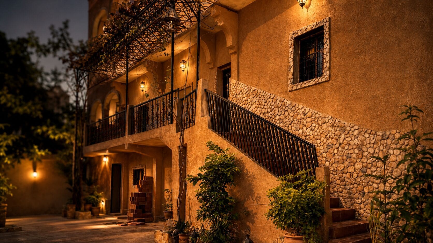 A building with a stone facade, a balcony with wrought iron railings, and a staircase leading to the entrance.