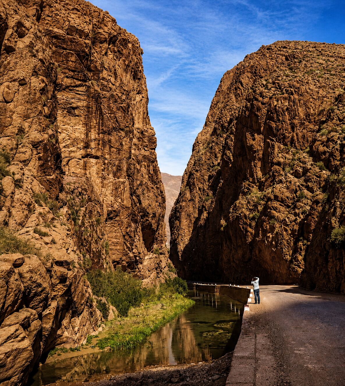 Un cañón con una carretera y un pequeño cuerpo de agua.