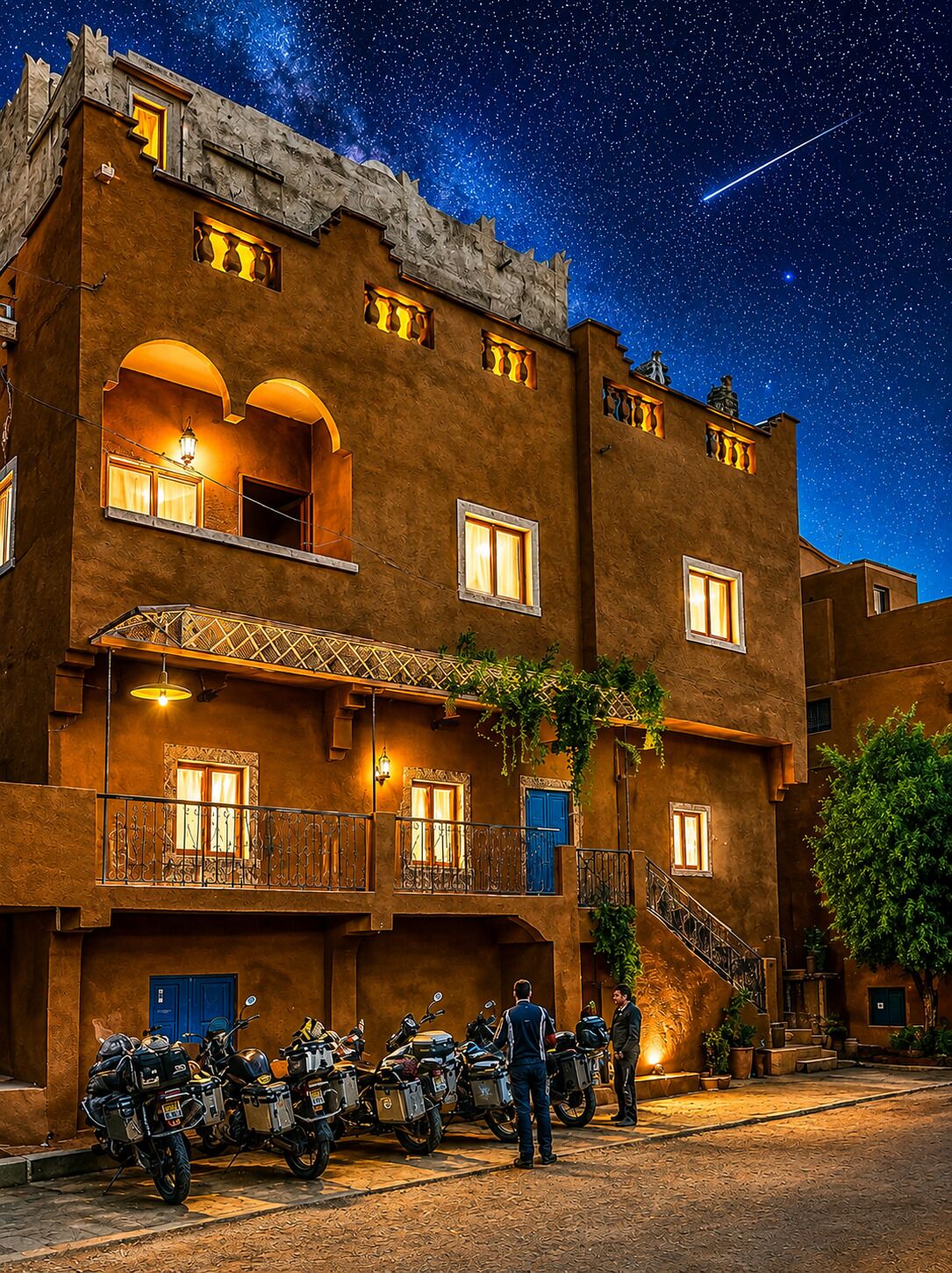Un edificio con varios balcones y ventanas, una escalera y motocicletas estacionadas.