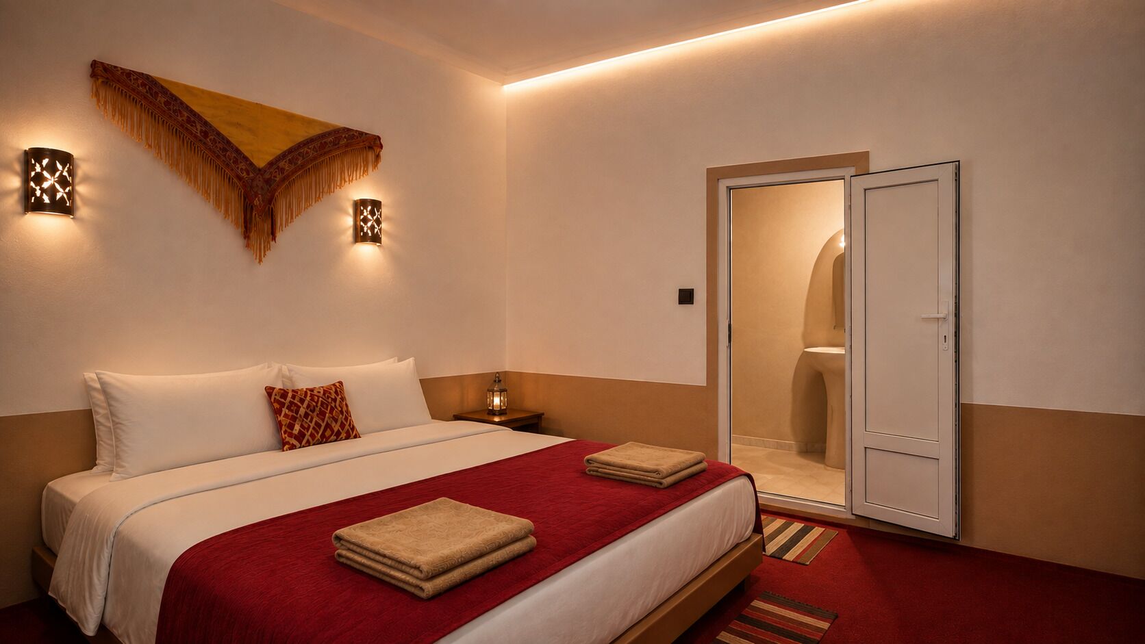 A hotel room with a bed, a nightstand, a wall-mounted lamp, and a door leading to a bathroom.
