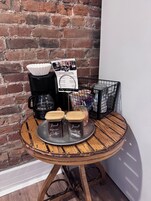 Espresso maker, coffee/tea maker, full-sized fridge, microwave