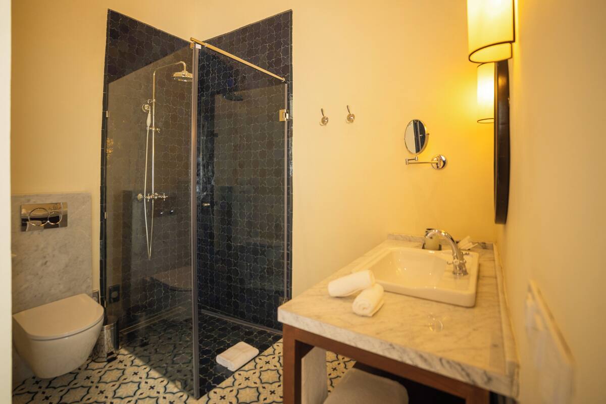 A bathroom with a glass-enclosed shower, a sink, a mirror, and a toilet.