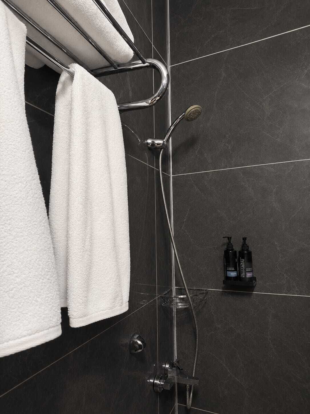 Ein modernes Badezimmer mit einer Duschkabine aus Glas, einem Handtuchhalter mit zwei Handtüchern und einer Ablage mit zwei Flaschen.