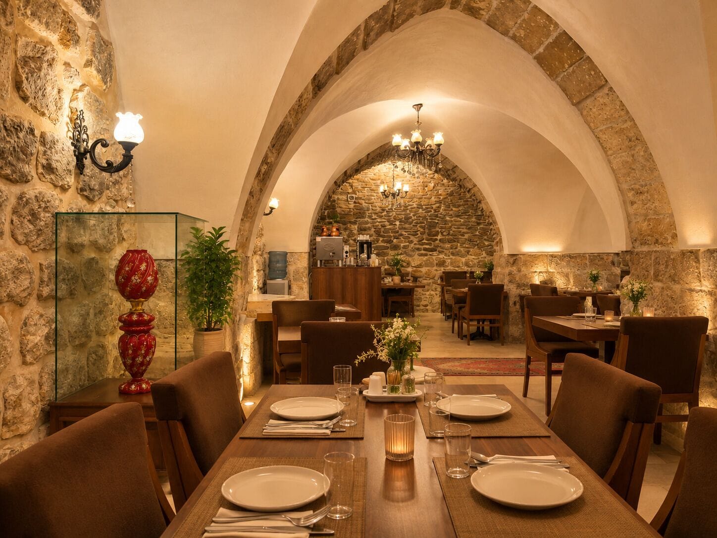Un espace de restauration intérieur avec des murs en pierre, des tables et des chaises en bois.