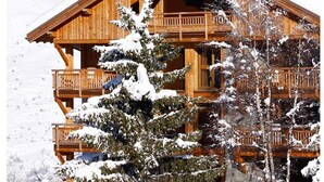 A wooden chalet with a balcony, surrounded by snow-covered trees and mountains. - Spacious Alpine Apartment by the Chairlifts (Les Deux Alpes)