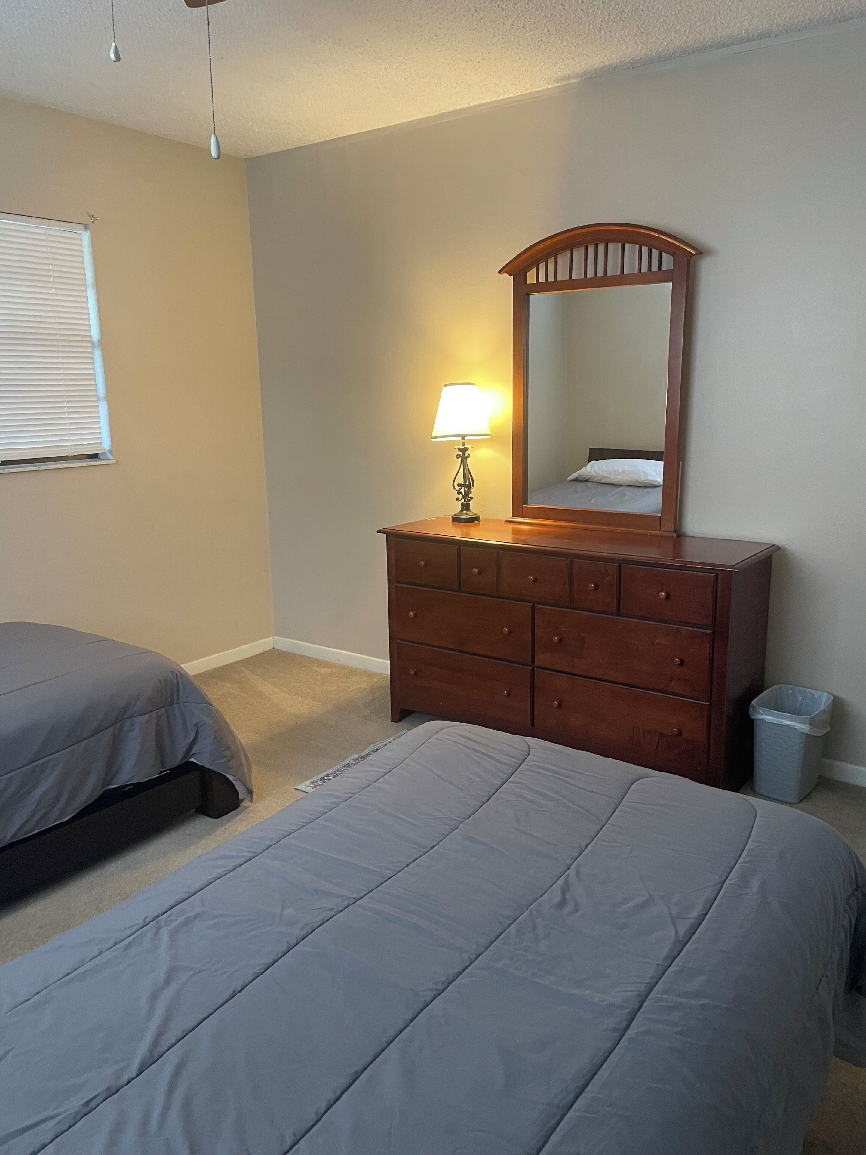A bedroom with two beds, a dresser, a mirror, and a lamp.