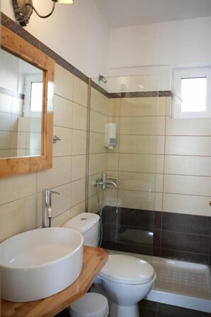 Habitación doble | Baño | Regadera, secadora de cabello, toallas, papel de baño 