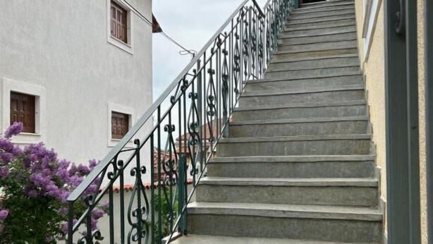 Unos escalones de piedra conducen a un edificio con barandilla metálica, rodeado de vegetación.