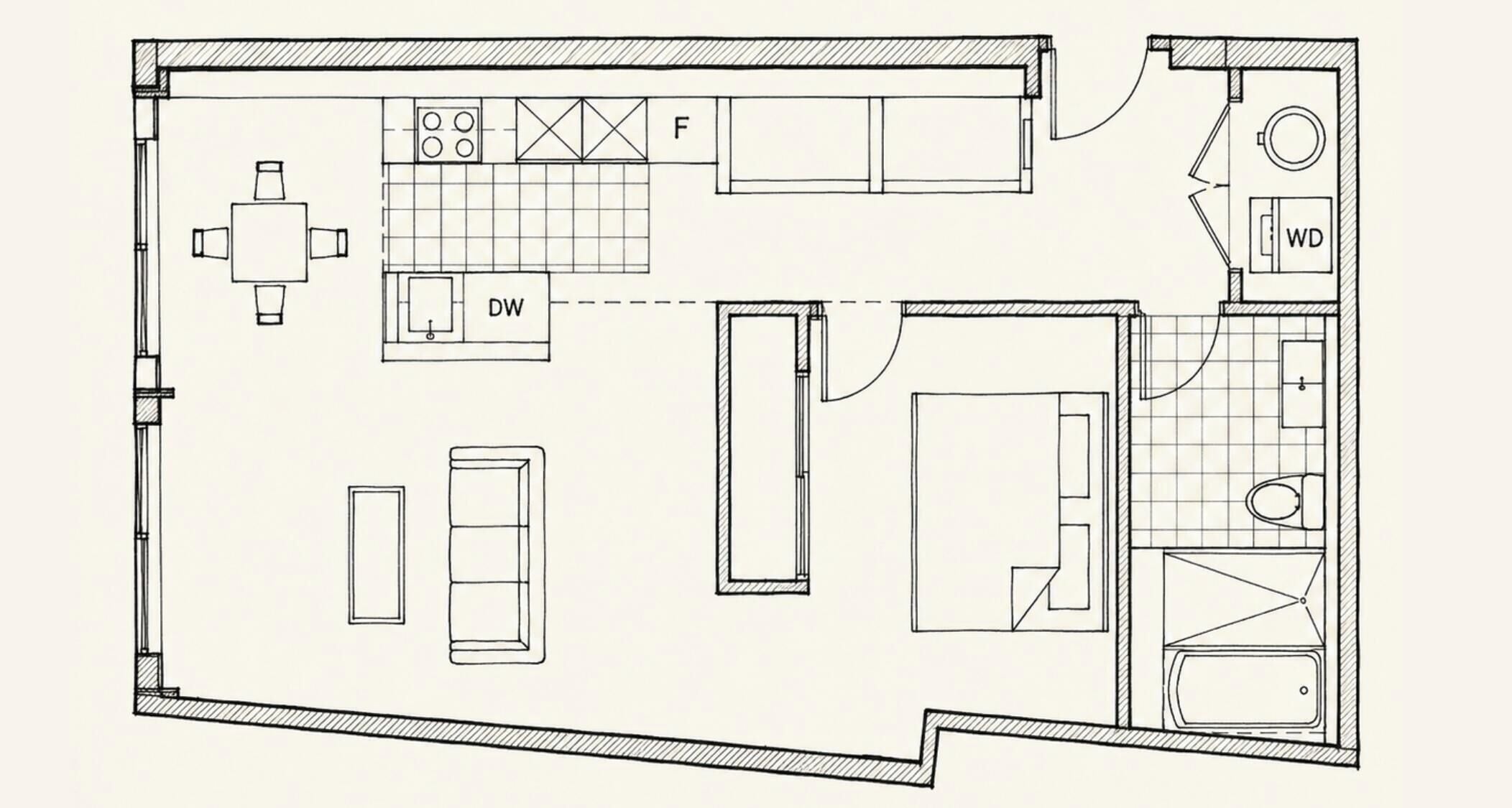 A floor plan with a kitchen, dining area, two bedrooms, a bathroom, and a WC.