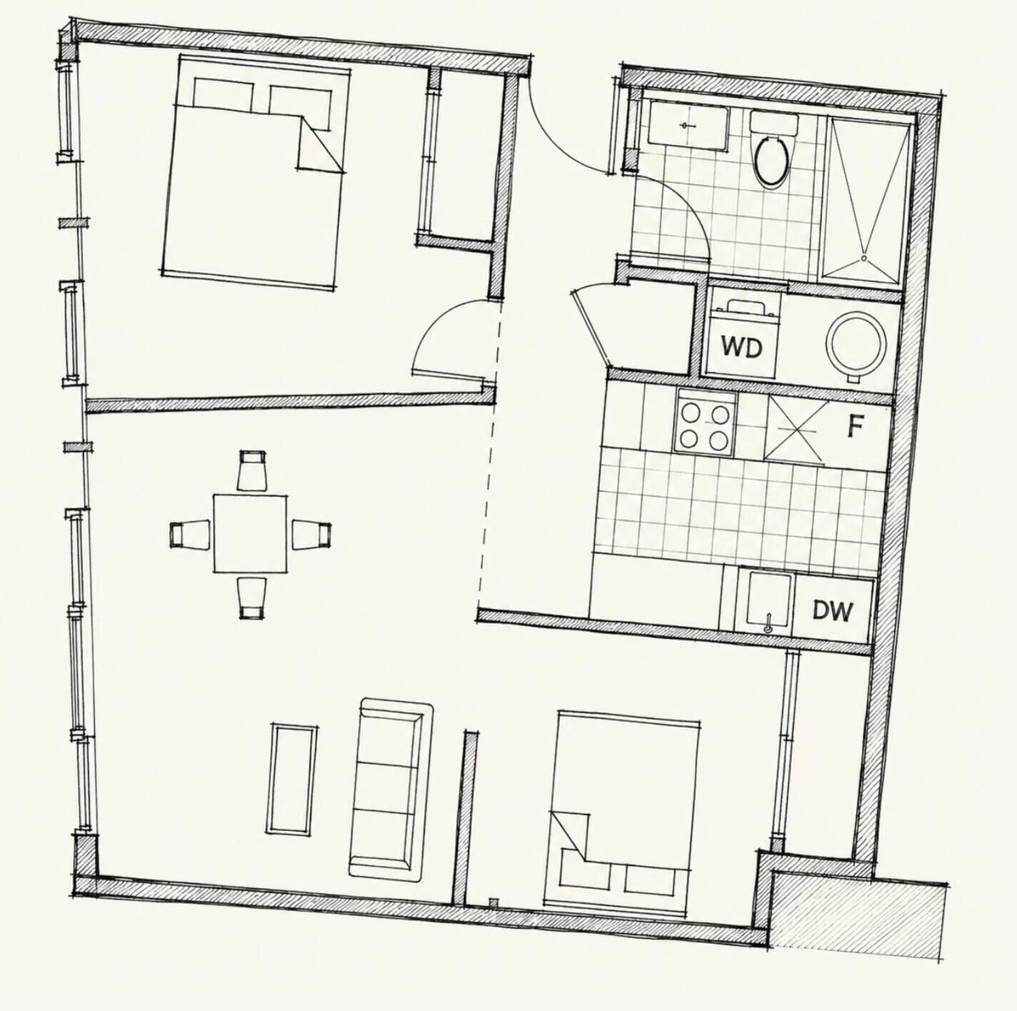 A floor plan with a kitchen, dining area, and two bedrooms.