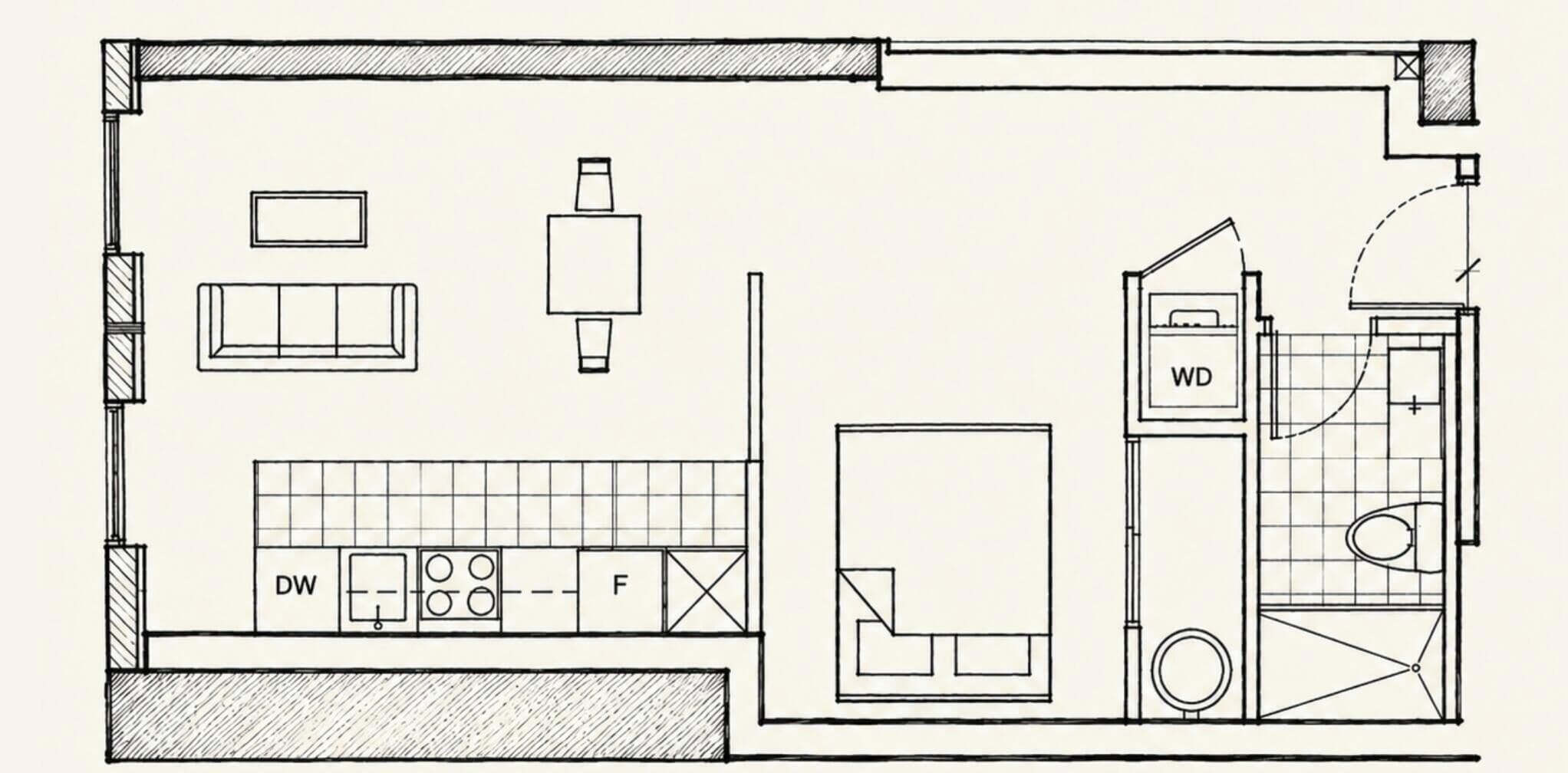 Plano de un cuarto de hotel con kitchenette, inodoro y cama.
