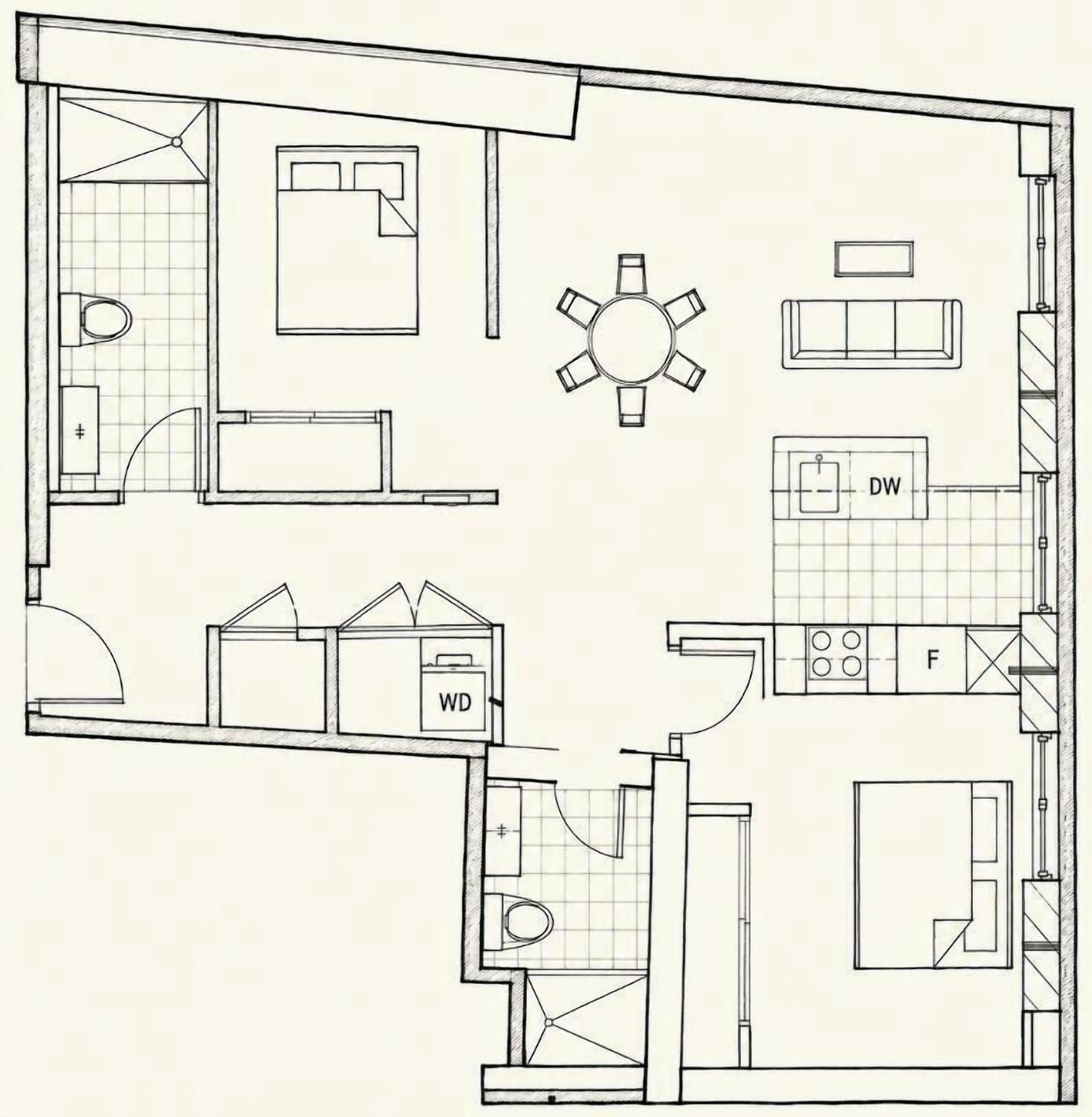 Een plattegrond met een woongedeelte, keuken, twee slaapkamers, badkamer en een eethoek.