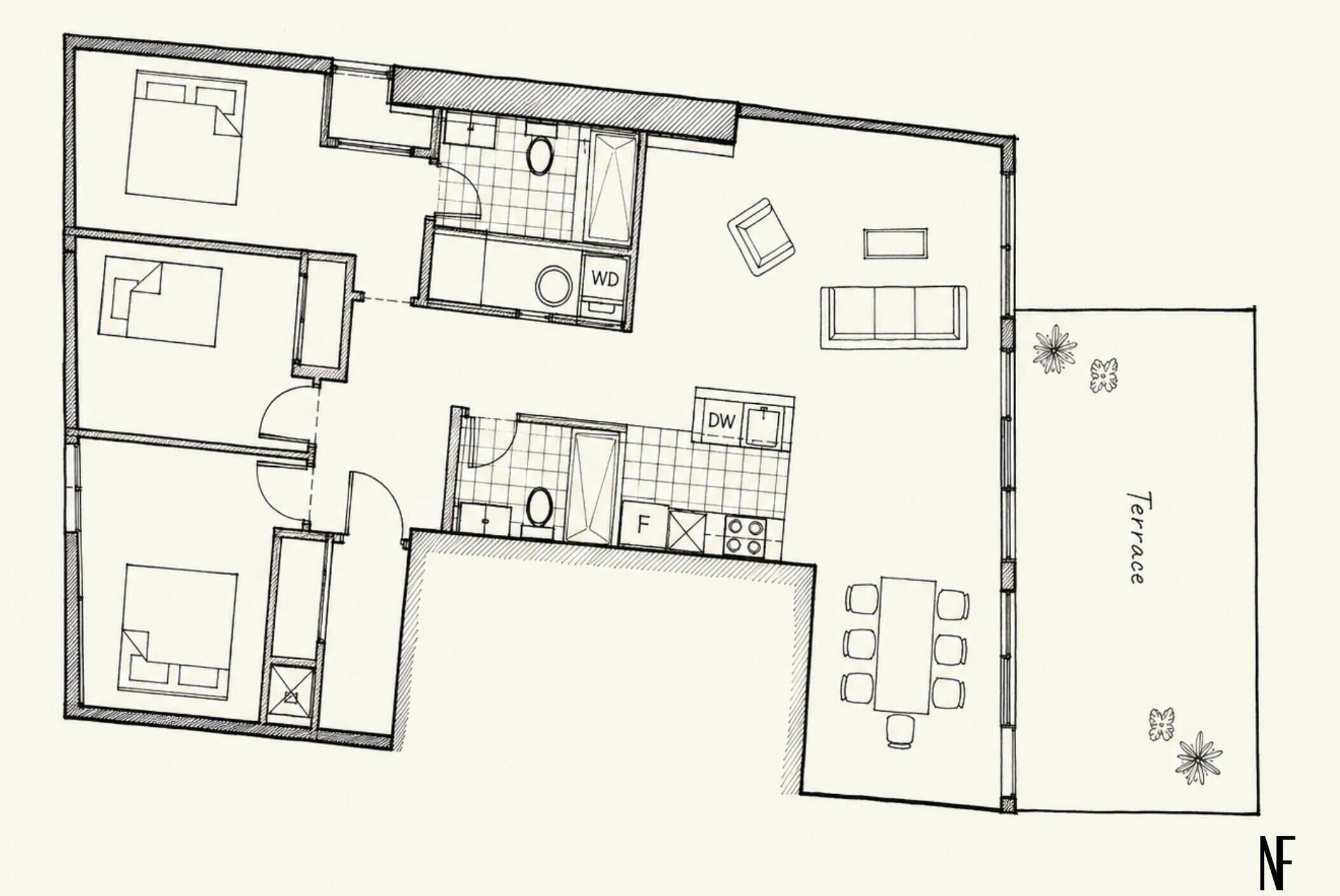 A floor plan with a kitchen, dining area, and a terrace.