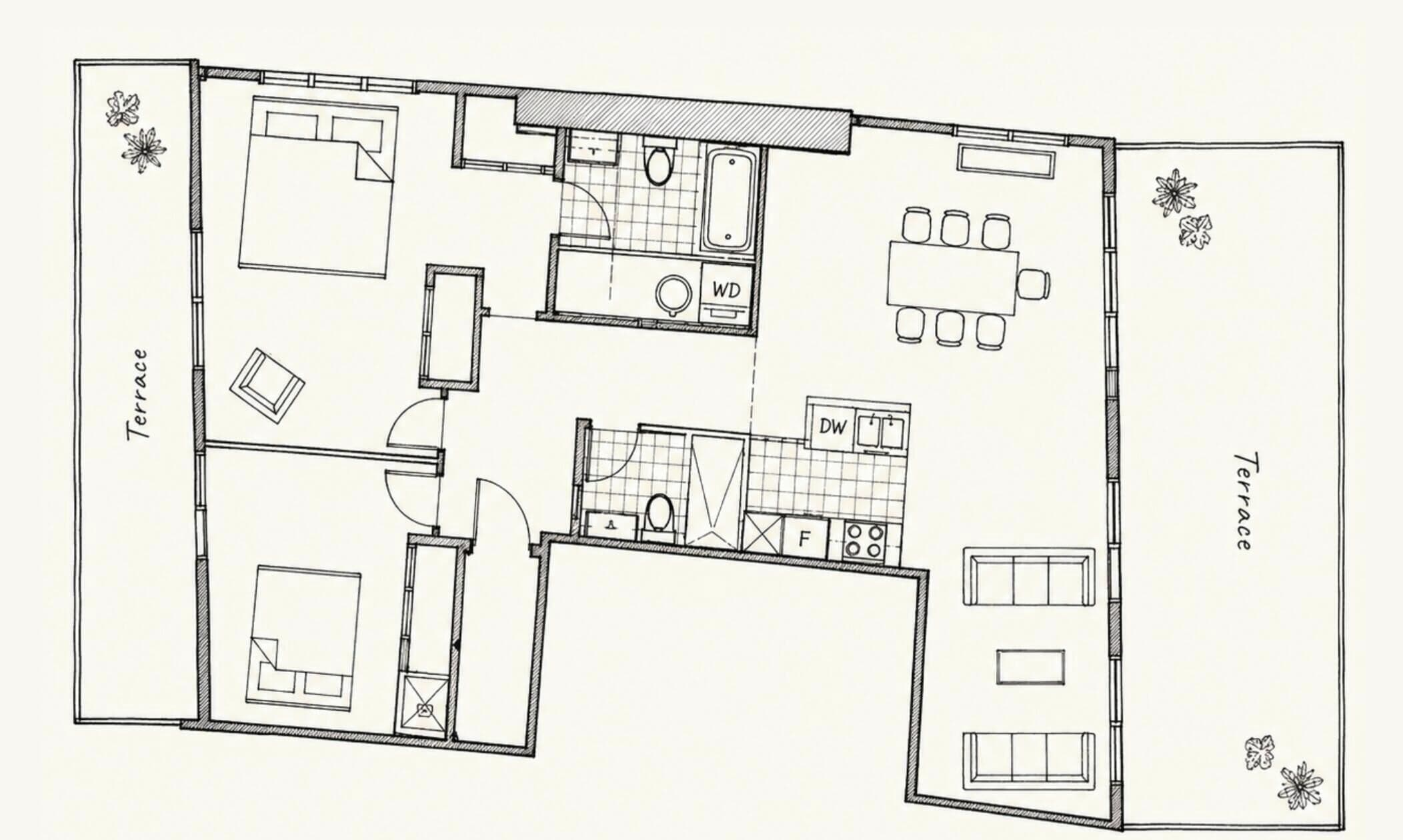 A floor plan of a hotel with a terrace, a kitchen, a dining area, and a WC.